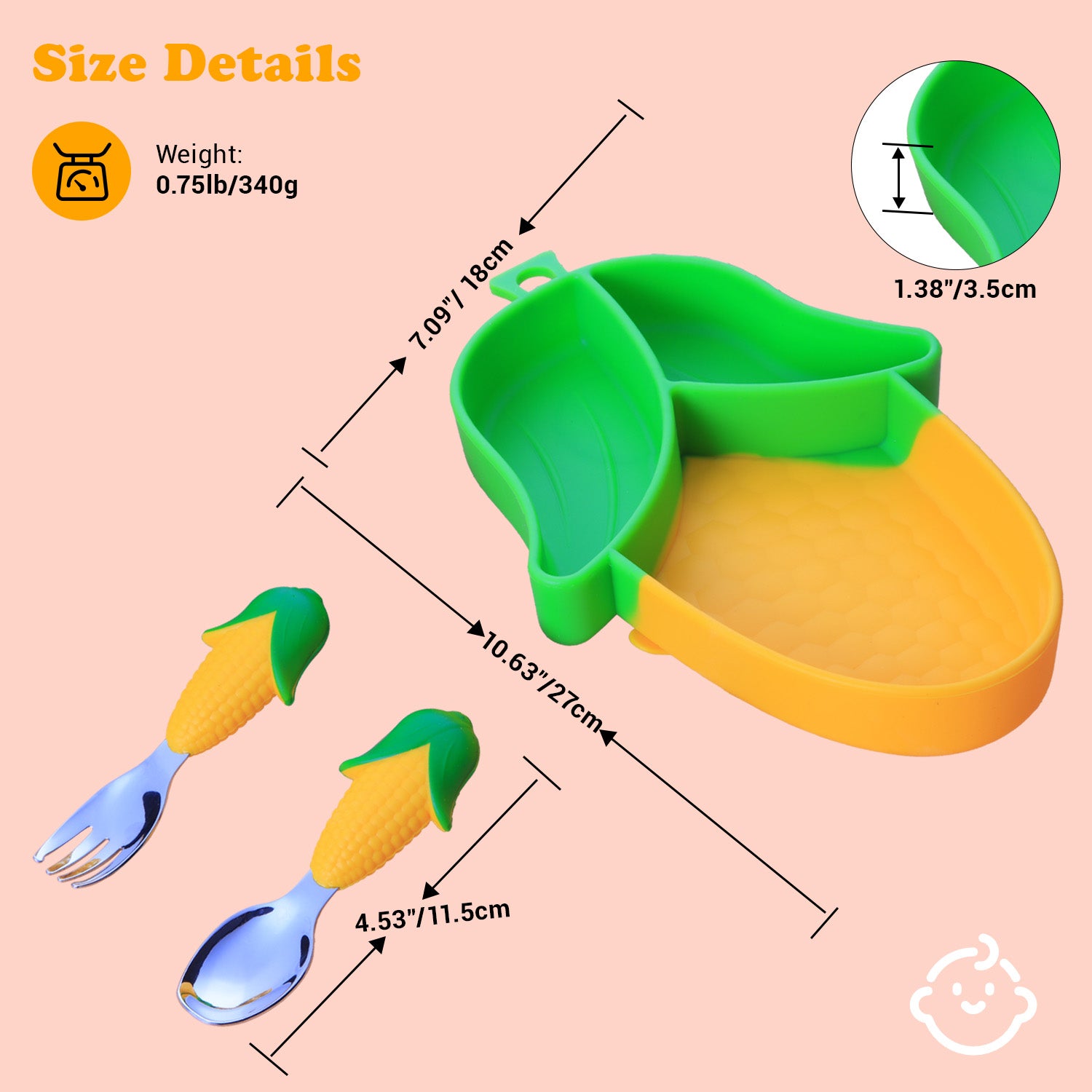 Baby Silicon Suction Plate, Toddler Plate with Spoon Fork set, Divided Silicone Plate BPA Free, Silicone Grip Dish Microwave & Dishwasher Safe (Corn Plate Set)