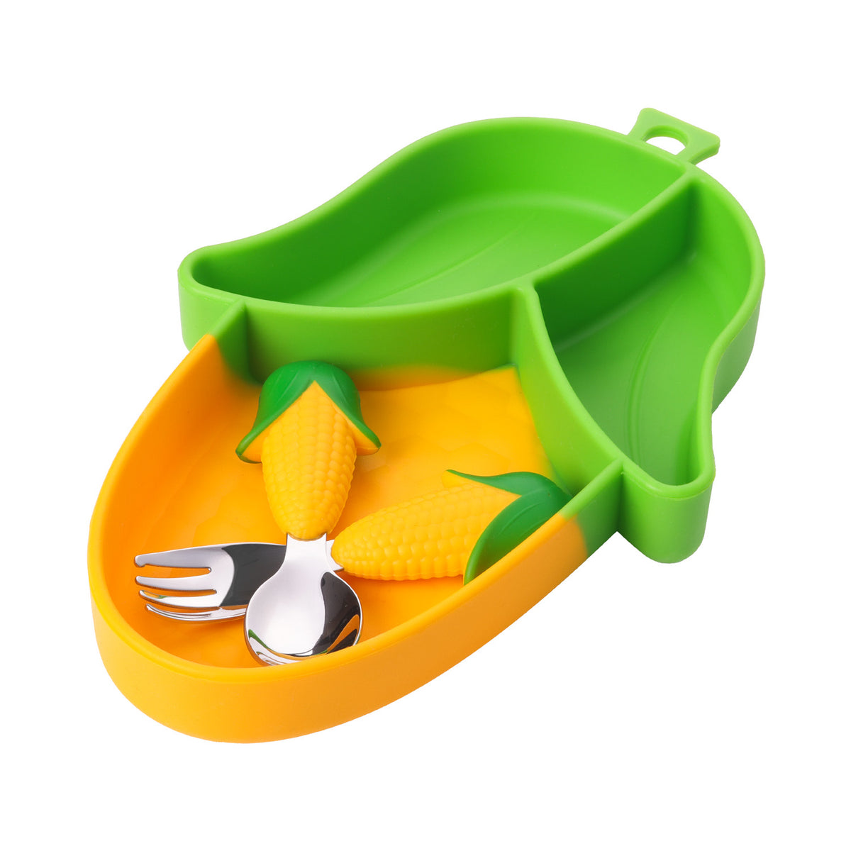 Baby Silicon Suction Plate, Toddler Plate with Spoon Fork set, Divided Silicone Plate BPA Free, Silicone Grip Dish Microwave & Dishwasher Safe (Corn Plate Set)