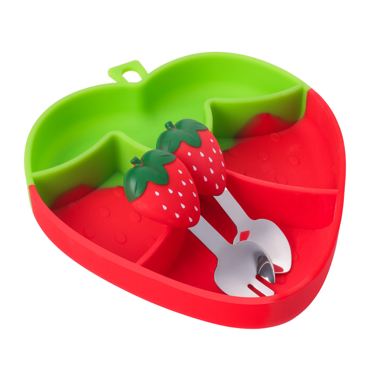 Baby Silicon Suction Plate, Plate with Spoon Fork set for Toddler, Divided Silicone Plate BPA Free, Silicone Grip Dish Microwave & Dishwasher Safe (Strawberry Plate Set)
