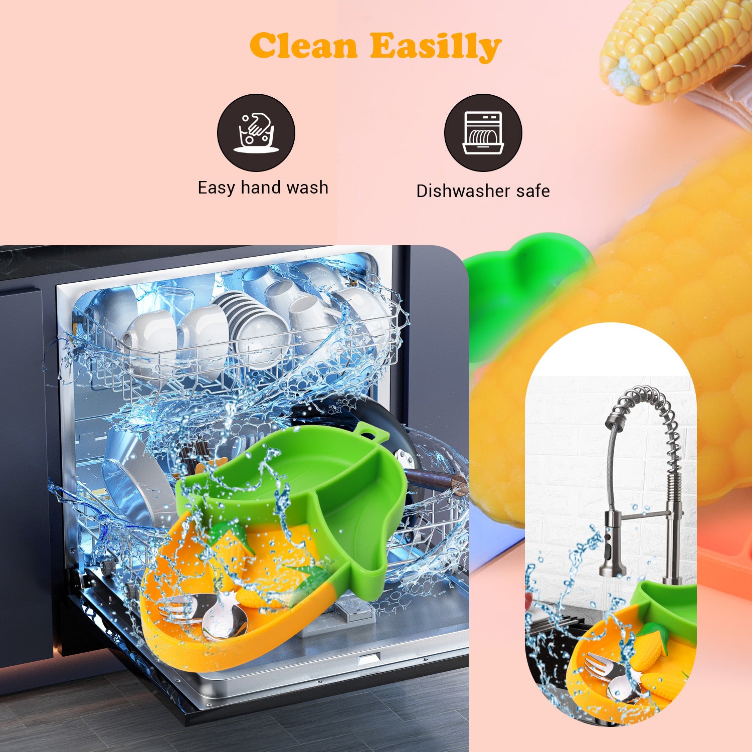 Baby Silicon Suction Plate, Toddler Plate with Spoon Fork set, Divided Silicone Plate BPA Free, Silicone Grip Dish Microwave & Dishwasher Safe (Corn Plate Set)