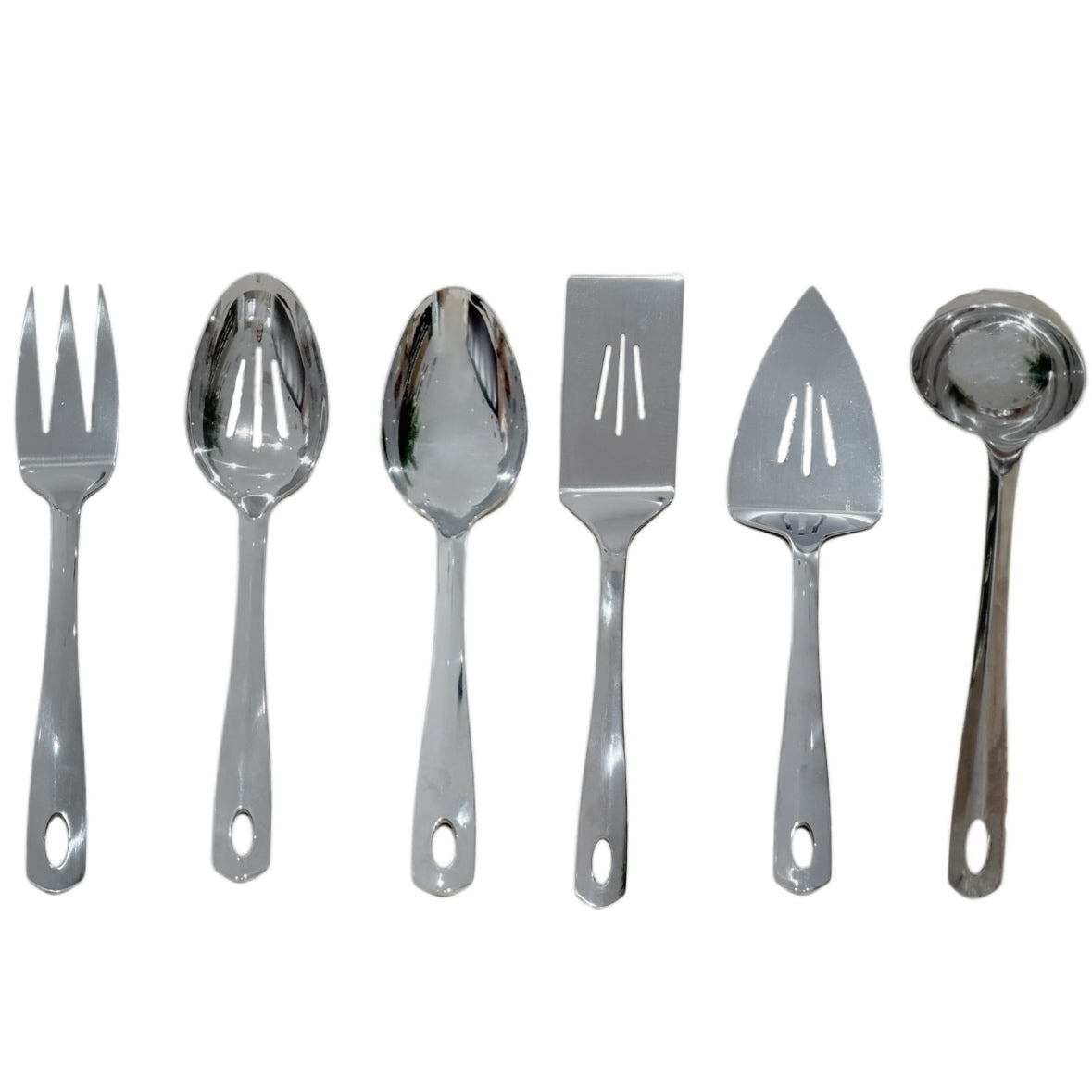 Cooking Utensil Set, Stainless Steel Kitchen Utensil Set, Durable Kitchen Gadgets- 6 PCS -Ladle, Solid Serving Spoon, Slotted Serving Spoon, Slotted Turner, Cake Server, Meat Fork