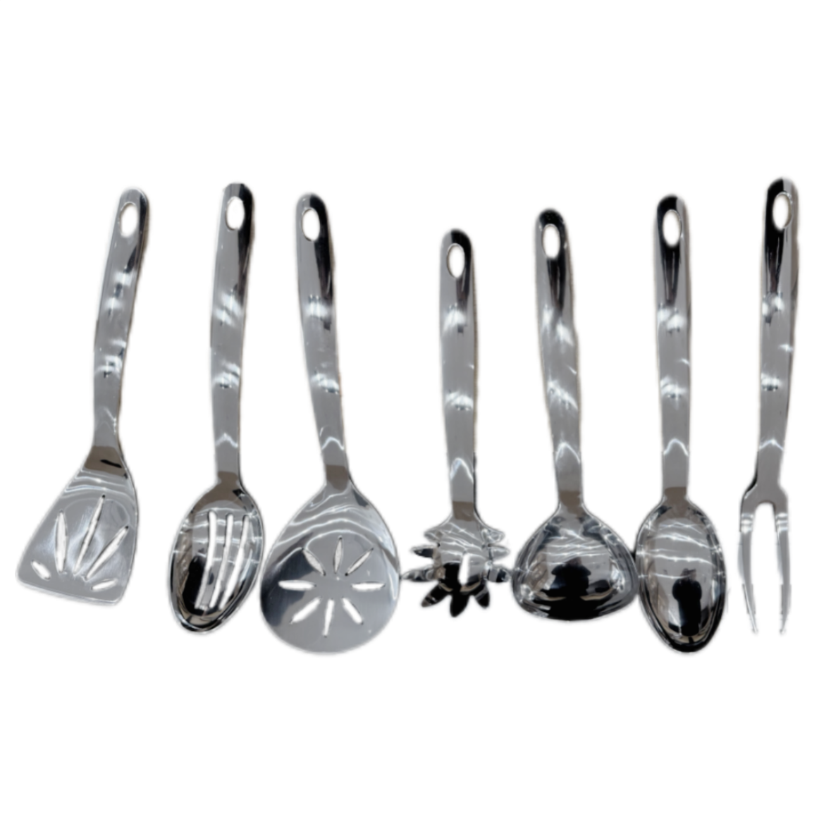 Stainless Steel Cooking Utensil Set, Kitchen Utensil, Durable Kitchen Gadgets, 7 PCS -Meat Fork, Solid Serving Spoon, Ladle, Pasta Fork, Skimmer, Slotted Serving Spoon, Slotted Turner