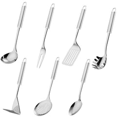 Cooking Utensil Set, 304 Stainless Steel Kitchen Utensil, Heat Resistant Handle Large Utensil Set, 7 PCS - Ladle, Meat Fork, Slotted Turner, Pasta Fork, Masher, Solid Serving Spoon, Skimmer Spoon