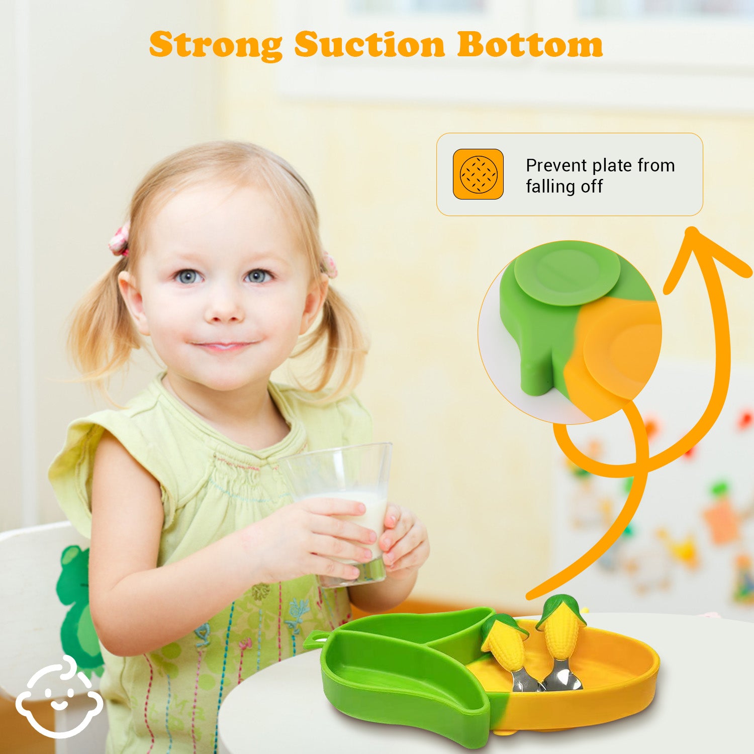Baby Silicon Suction Plate, Toddler Plate with Spoon Fork set, Divided Silicone Plate BPA Free, Silicone Grip Dish Microwave & Dishwasher Safe (Corn Plate Set)