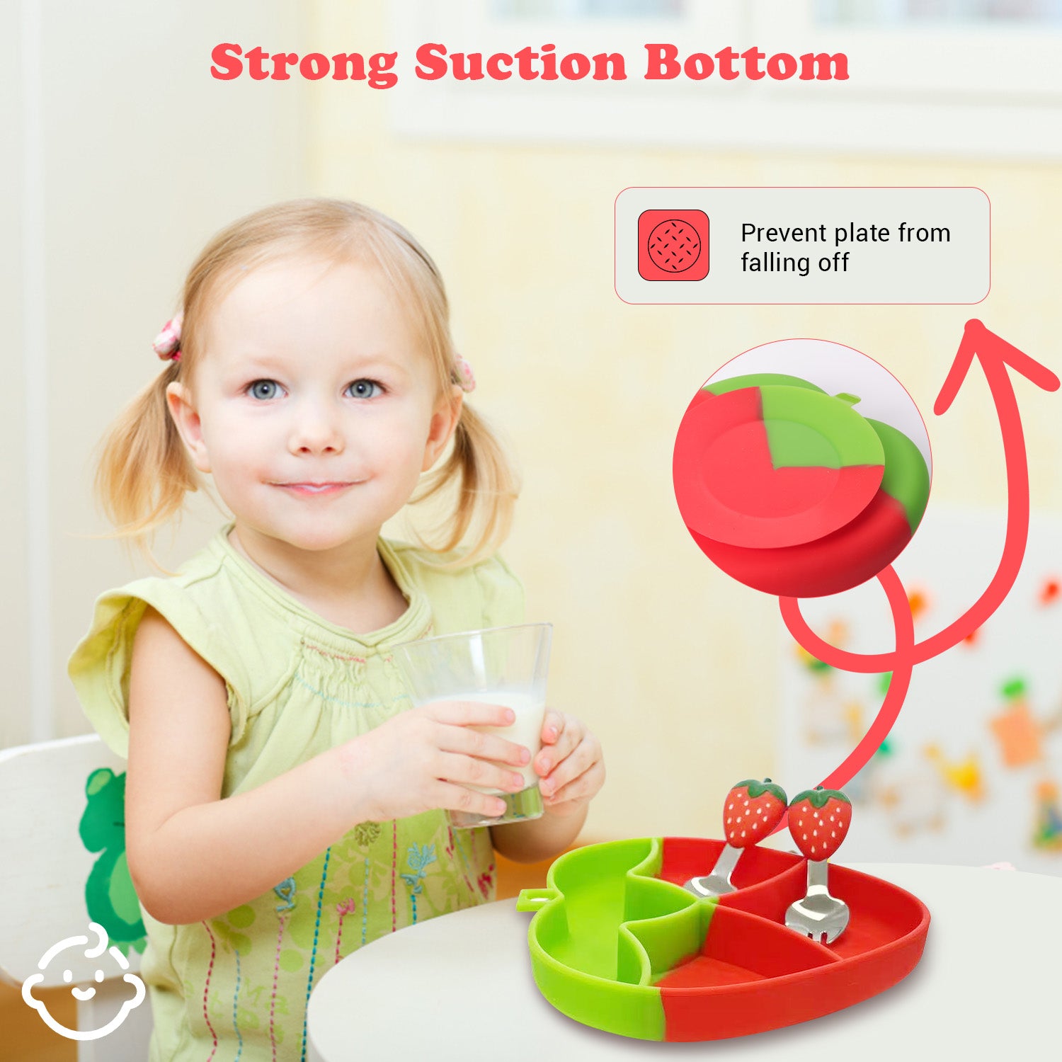 Baby Silicon Suction Plate, Plate with Spoon Fork set for Toddler, Divided Silicone Plate BPA Free, Silicone Grip Dish Microwave & Dishwasher Safe (Strawberry Plate Set)