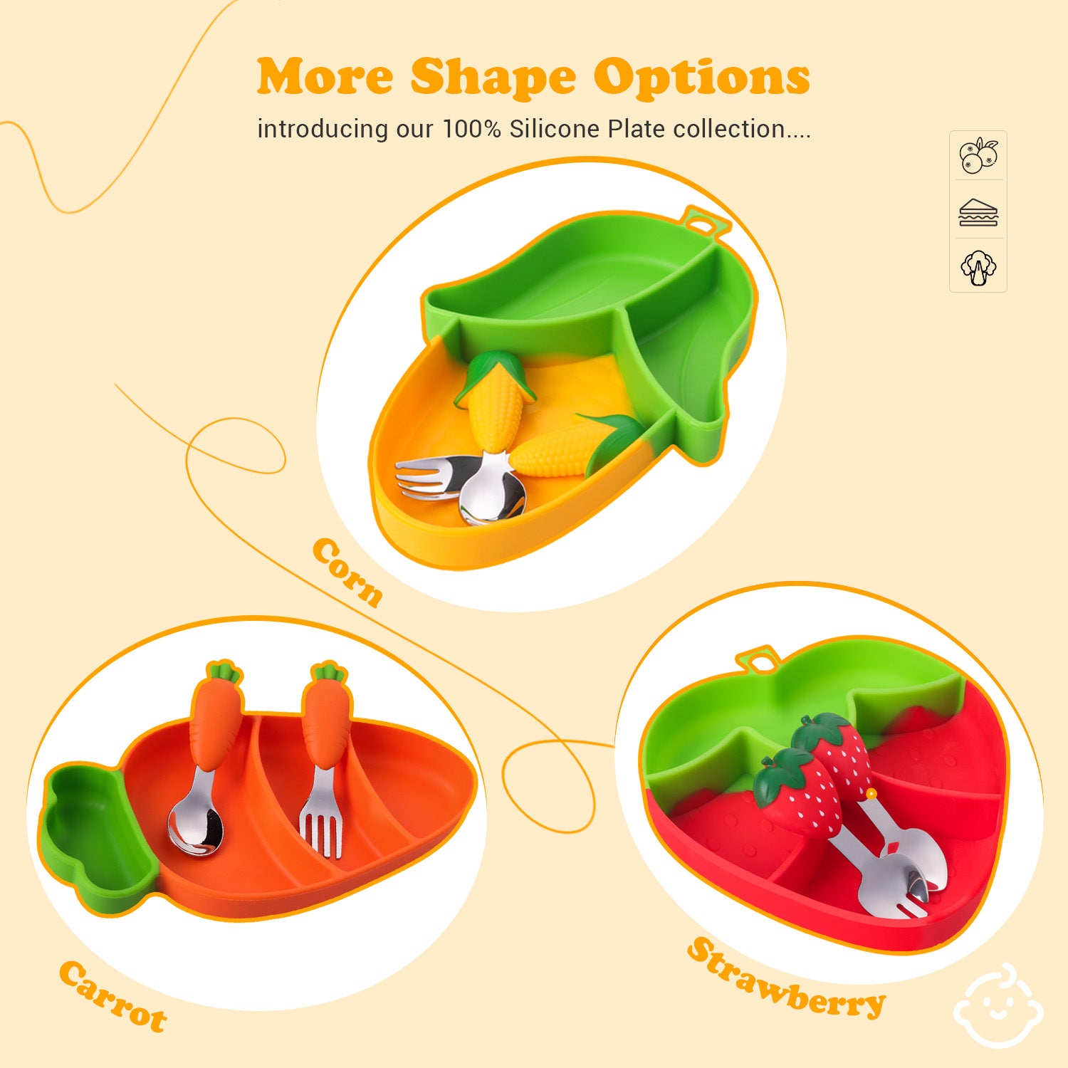 Baby Silicon Suction Plate, Toddler Plate with Spoon Fork set, Divided Silicone Plate BPA Free, Silicone Grip Dish Microwave & Dishwasher Safe (Corn Plate Set)