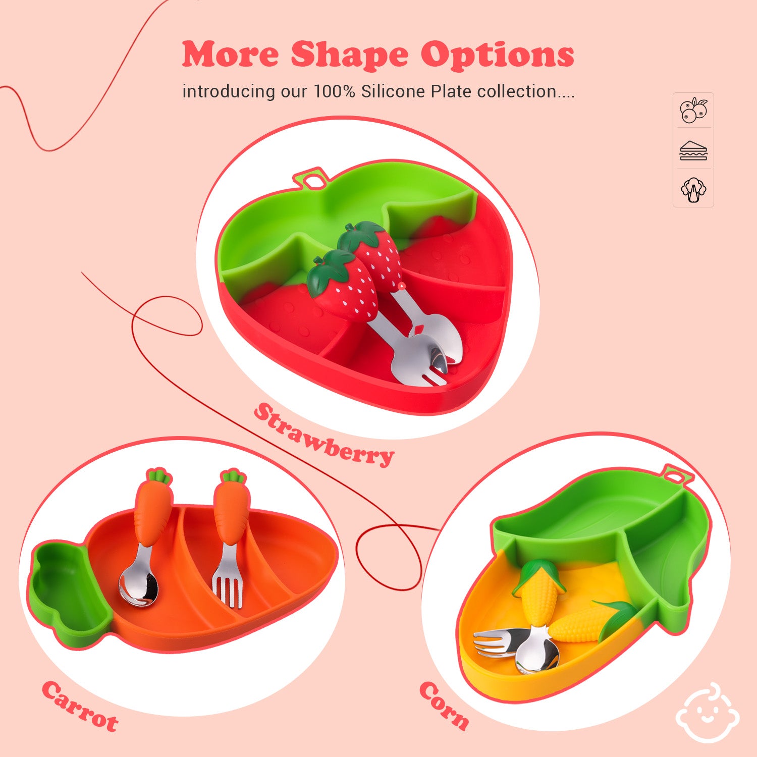 Baby Silicon Suction Plate, Plate with Spoon Fork set for Toddler, Divided Silicone Plate BPA Free, Silicone Grip Dish Microwave & Dishwasher Safe (Strawberry Plate Set)