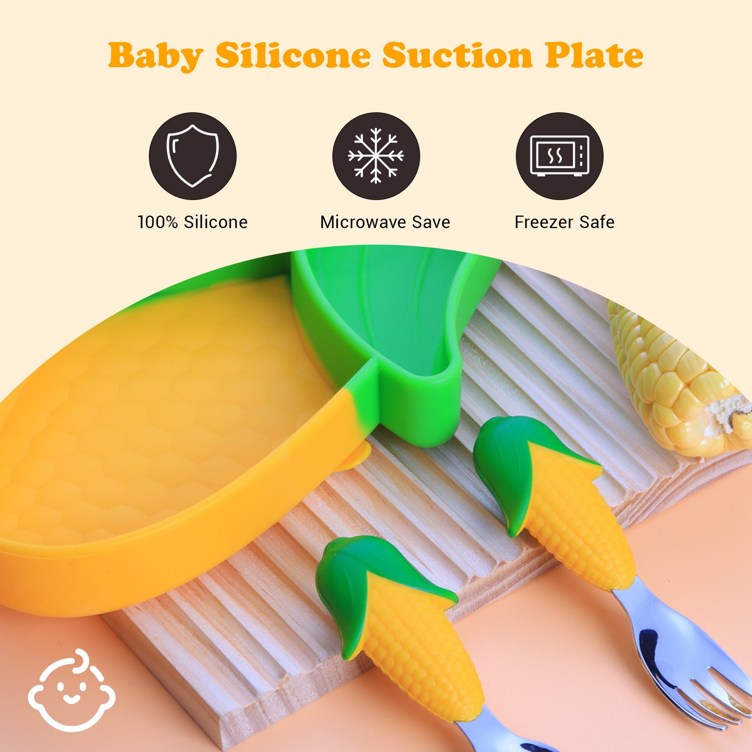 Baby Silicon Suction Plate, Toddler Plate with Spoon Fork set, Divided Silicone Plate BPA Free, Silicone Grip Dish Microwave & Dishwasher Safe (Corn Plate Set)