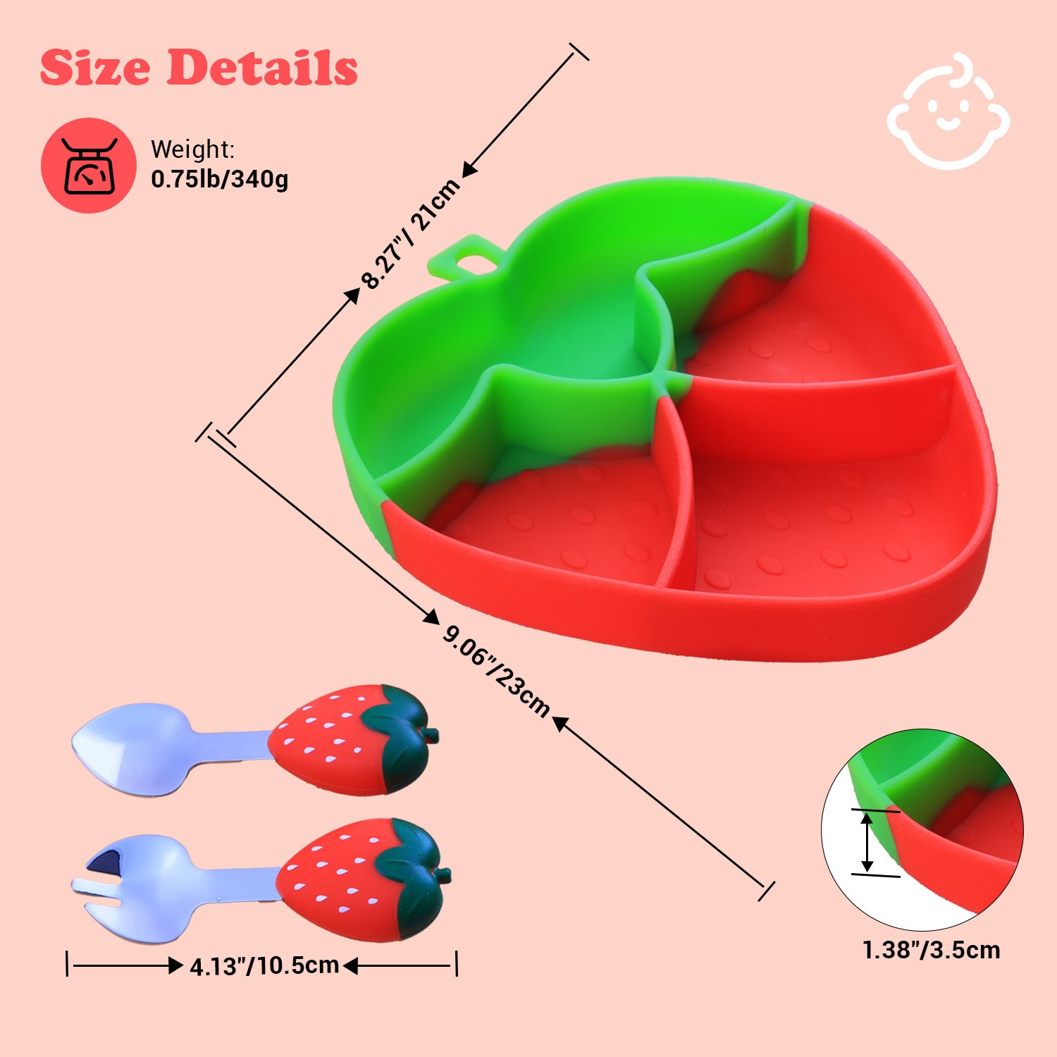 Baby Silicon Suction Plate, Plate with Spoon Fork set for Toddler, Divided Silicone Plate BPA Free, Silicone Grip Dish Microwave & Dishwasher Safe (Strawberry Plate Set)